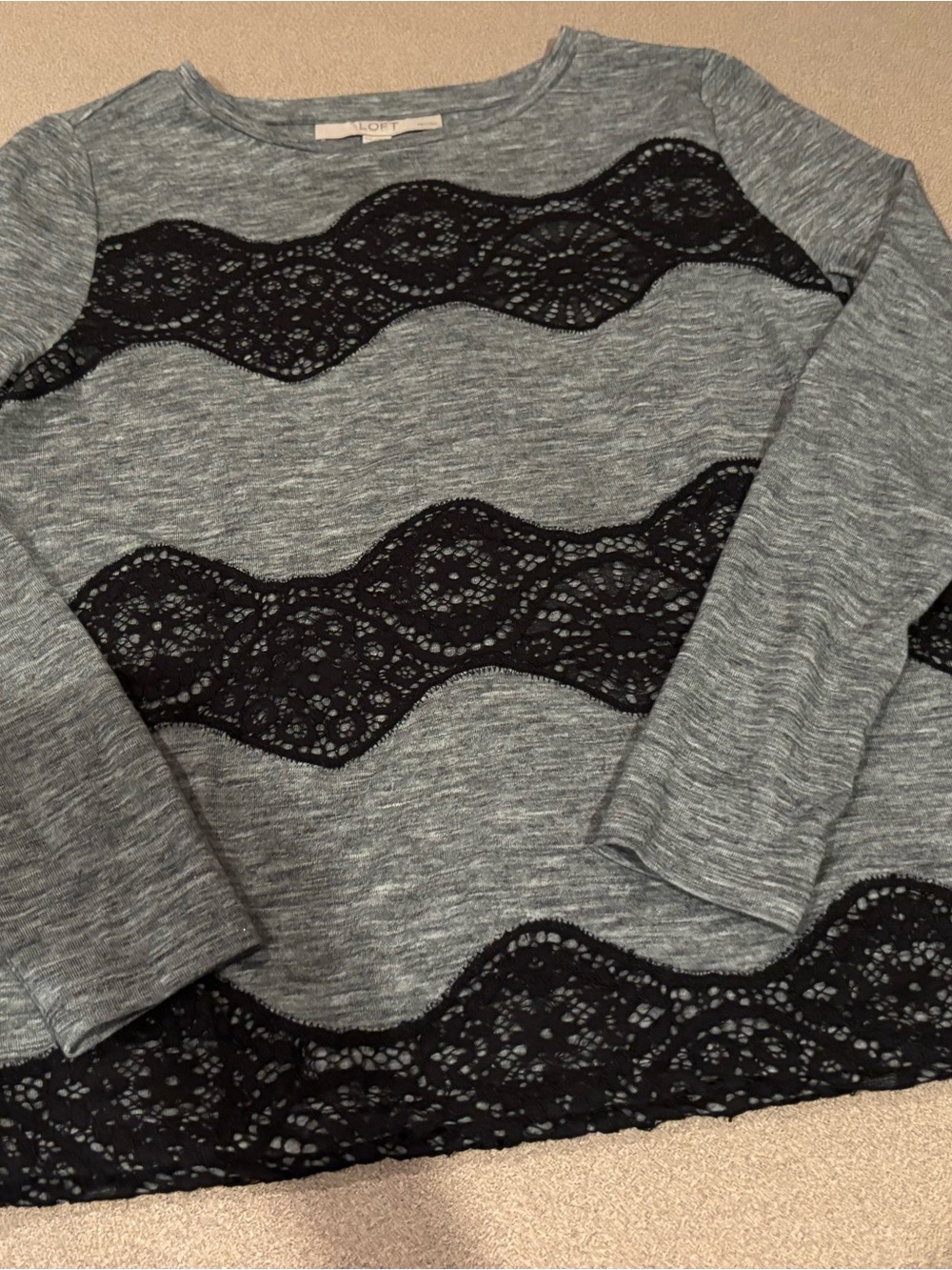 LOFT Gray Knit Top with Black Lace Panels
